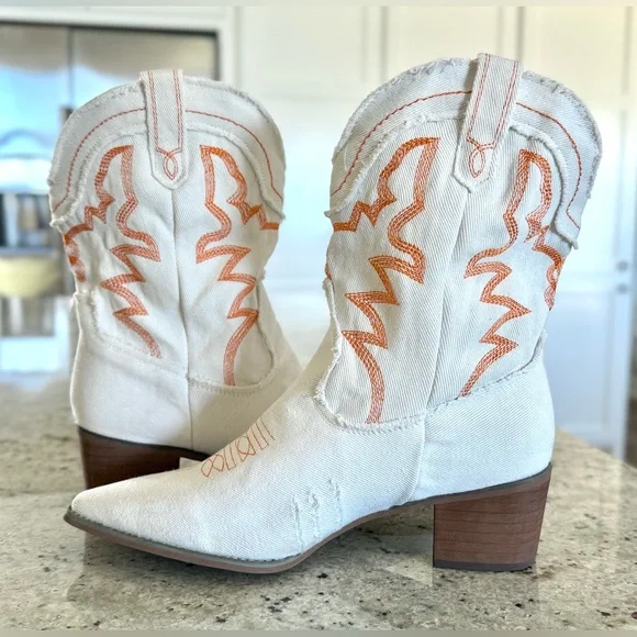 White Denim Western Heeled Boots with Orange Embroidery - Picture 8 of 12